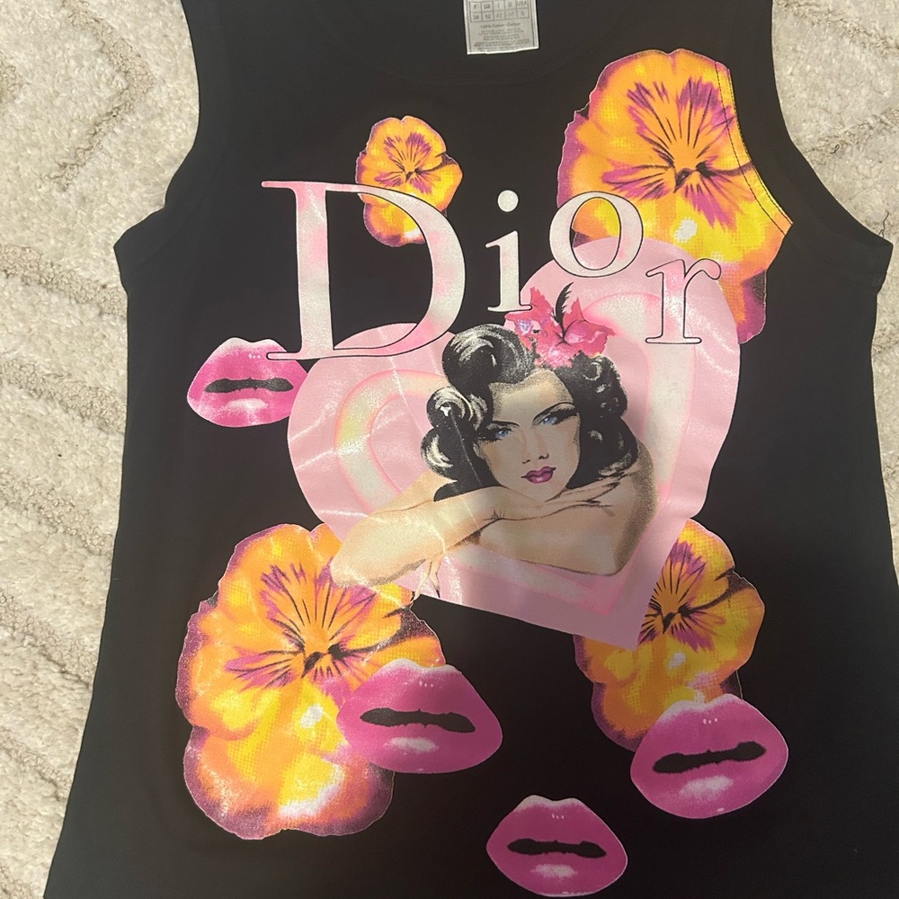 Dior Black Sleeveless Top with Pink and Yellow Floral Design